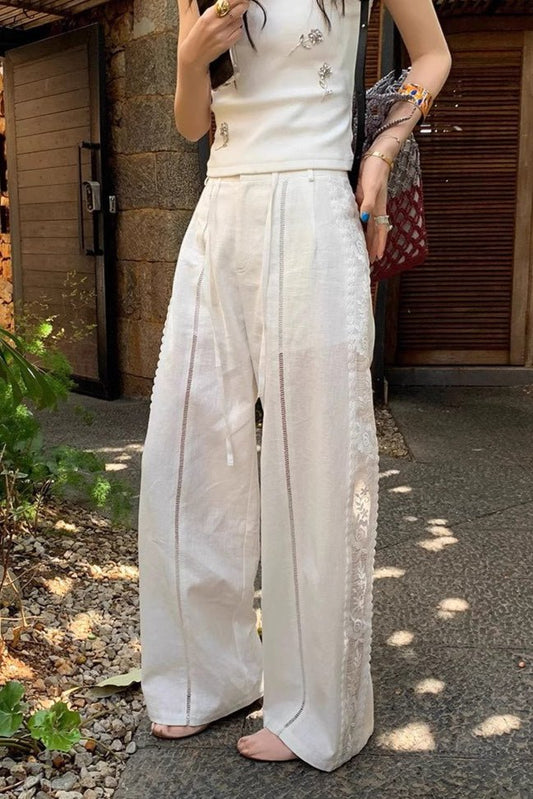 Women's Beatrice Linen Lace Splicing Straight Pants