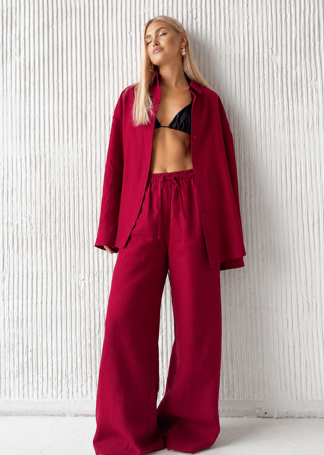 Women's SOERA Bianca Relaxed Cotton Shirt & Wide-Leg Pants Set