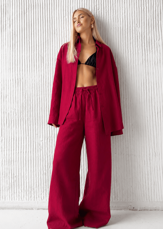 Women's SOERA Bianca Relaxed Cotton Shirt & Wide-Leg Pants Set