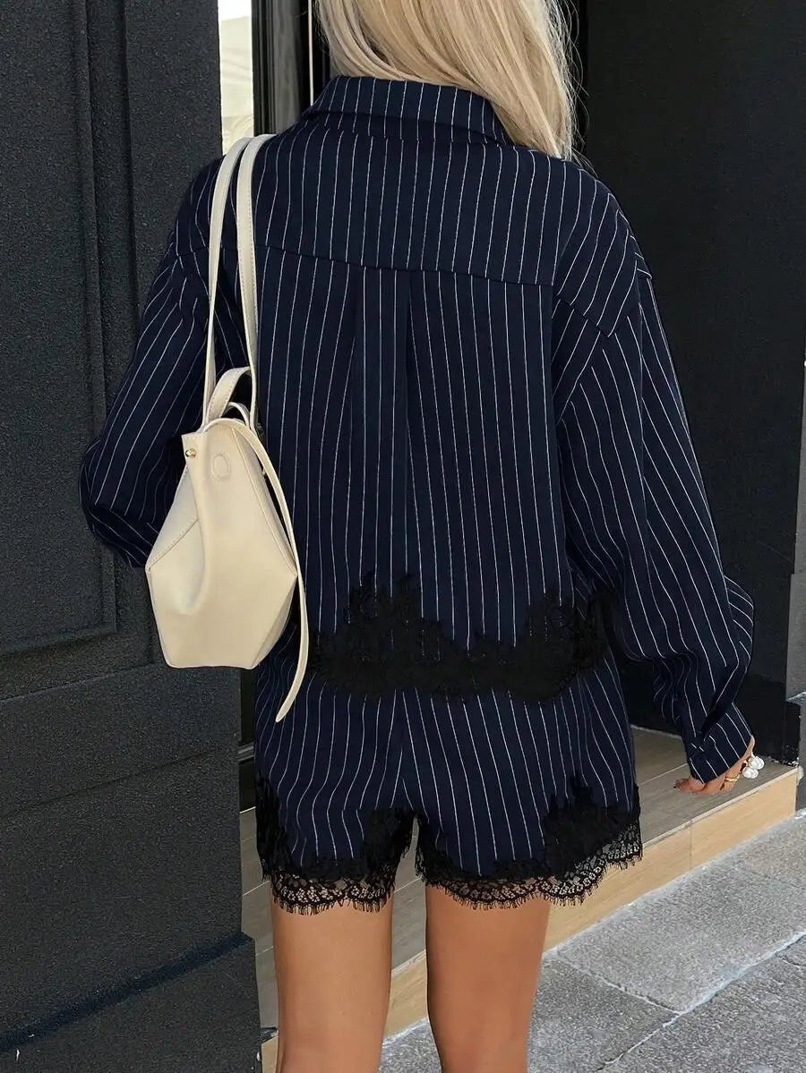 Women's SOERA Margot Pinstripe Lace Trim Hem Shorts Set