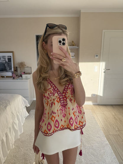 Women's Sofia Embroidered Boho Tassel Tie Cami Top