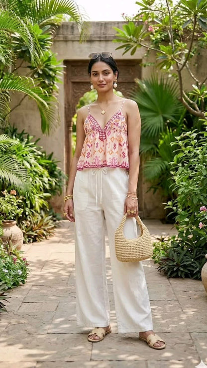 Women's Sofia Embroidered Boho Tassel Tie Cami Top