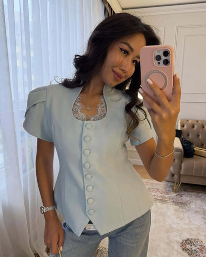 Women's SOERA Bianca Button Front Stand Collar Top