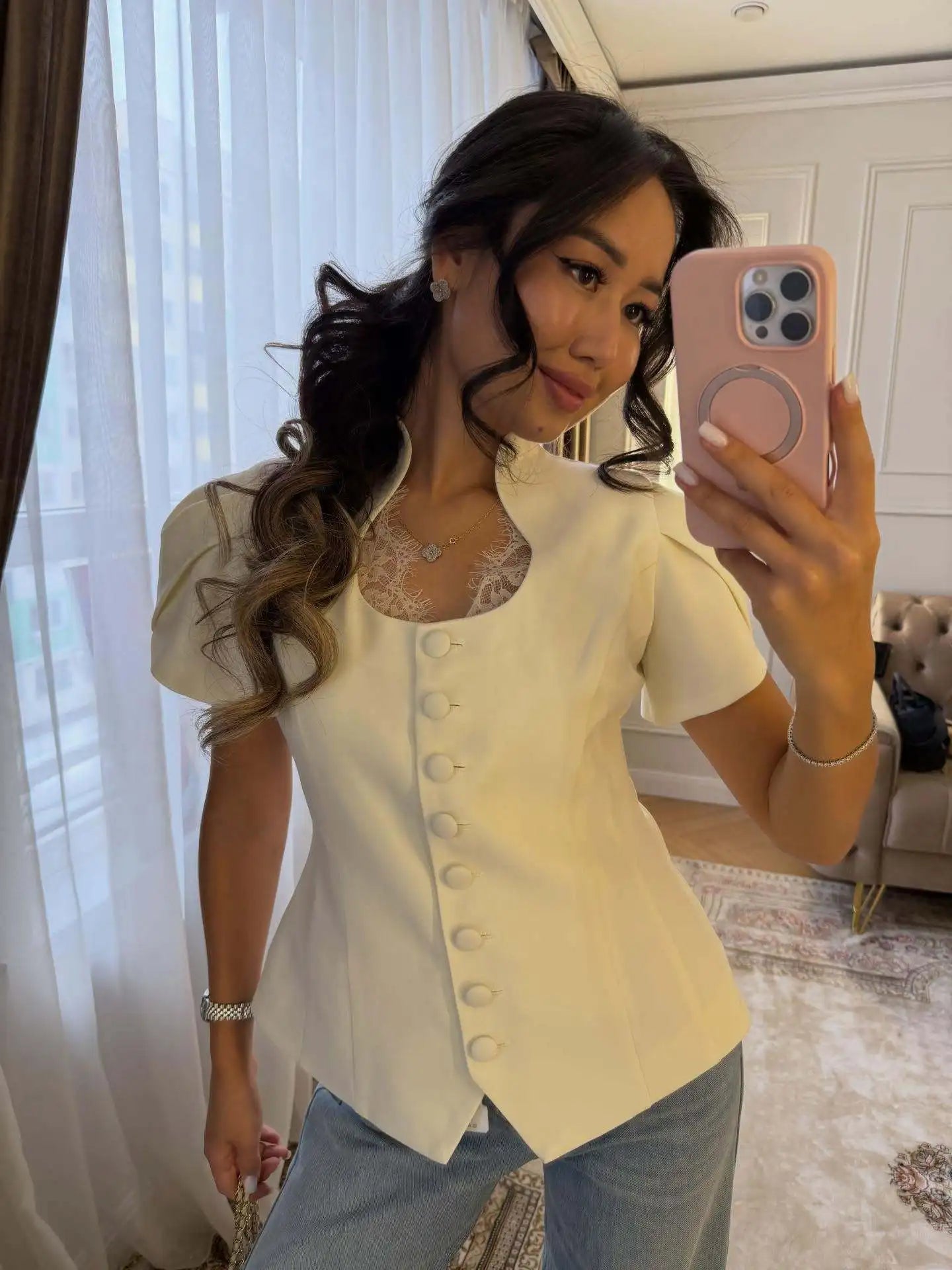 Women's SOERA Bianca Button Front Stand Collar Top