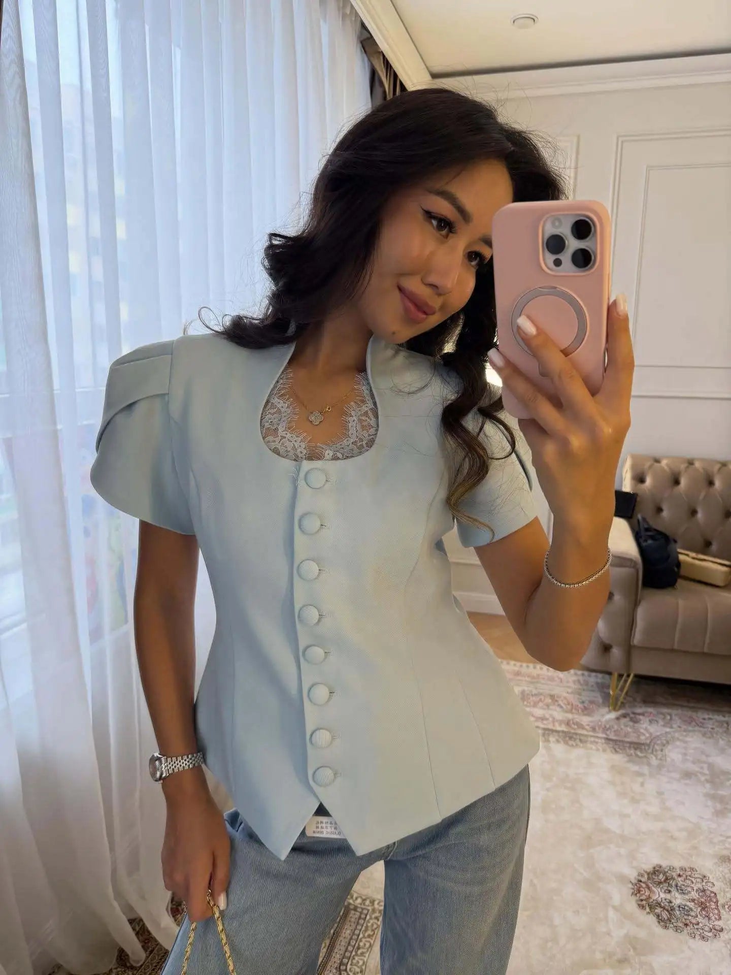 Women's SOERA Bianca Button Front Stand Collar Top